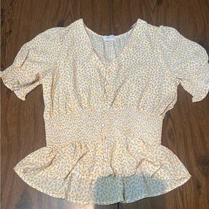 Sienna Sky M White Yellow Small Floral Girly Flowy Blouse Shirring VNeck Women